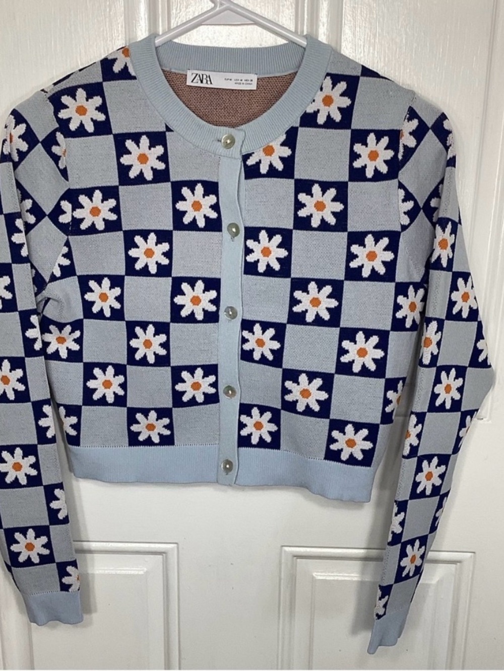 Zara Light Blue and Navy Daisy Checkered Cardigan